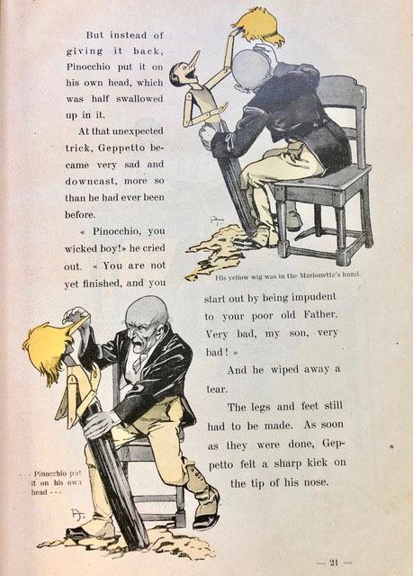 A page from the Adventures of Pinocchio depicting both text and images of a man designing a doll