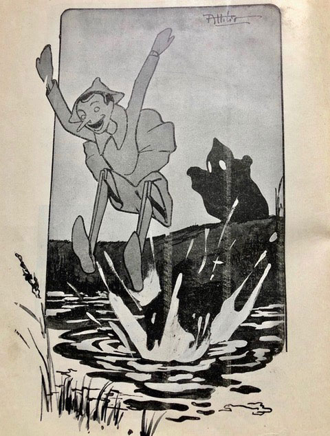 An illustration in the book depicting Pinocchio jumping into water, with a black ghost in the background 