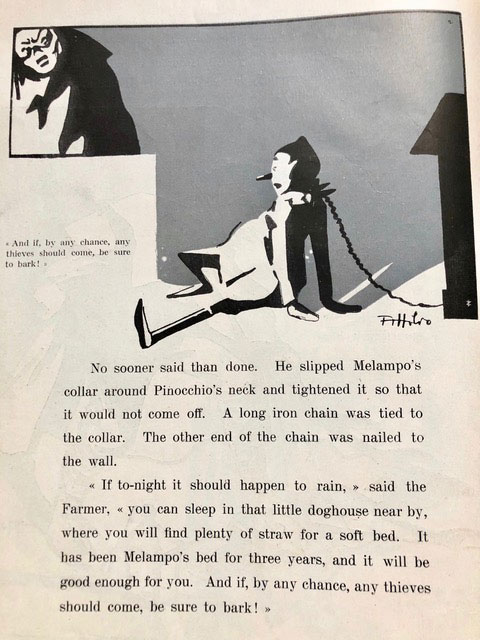 A page in the book with text and an image of Pinocchio chained to a doghouse
