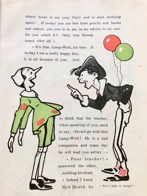 An image in the book of a man with balloons speaking to Pinocchio