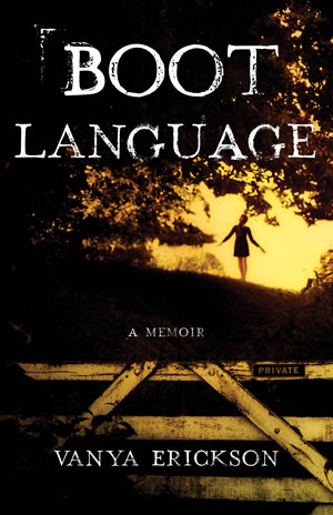 Boot Language book jacket; Girl under a tree at sunset, behind a fence 
