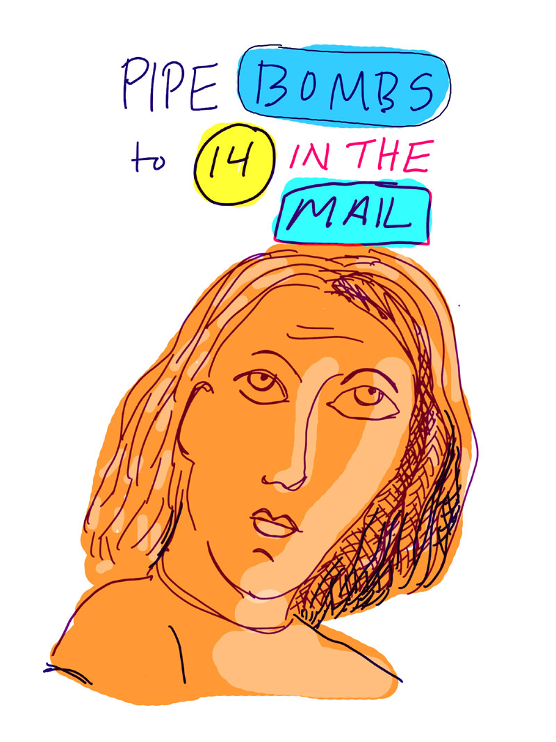 "Pipe bombs to 14 in the mail," sketch of orange woman looking to the side