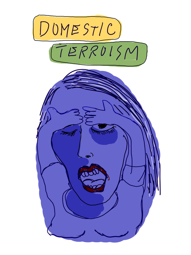 "Domestic Terrorism," sketch of purple woman wearing red lipstick holding her hands on her forehead with one eye open, gasping
