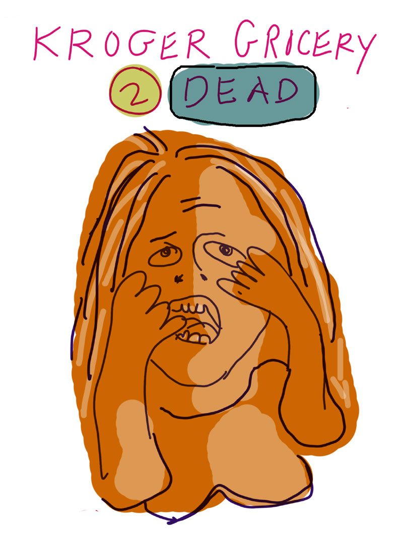"Kroger Grocery 2 Dead," sketch of orange woman gasping with her hands almost covering her face
