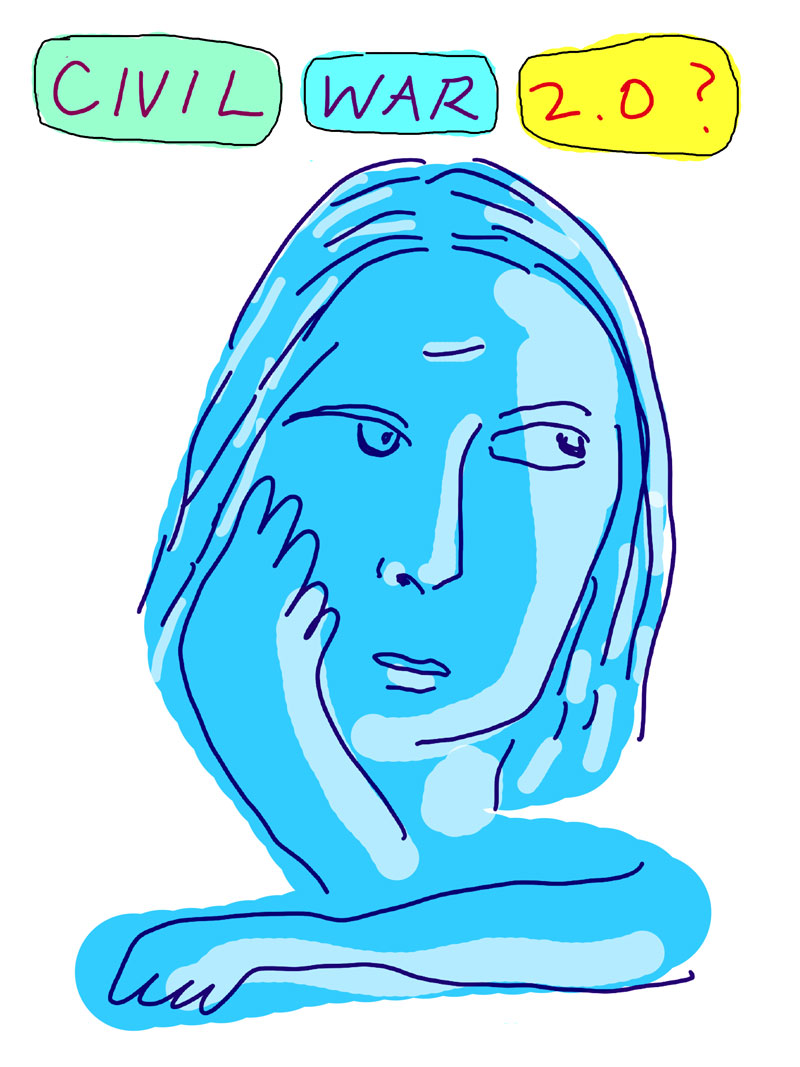 "Civil War 2.0?" sketch of blue woman with one hand on her face looking to the side