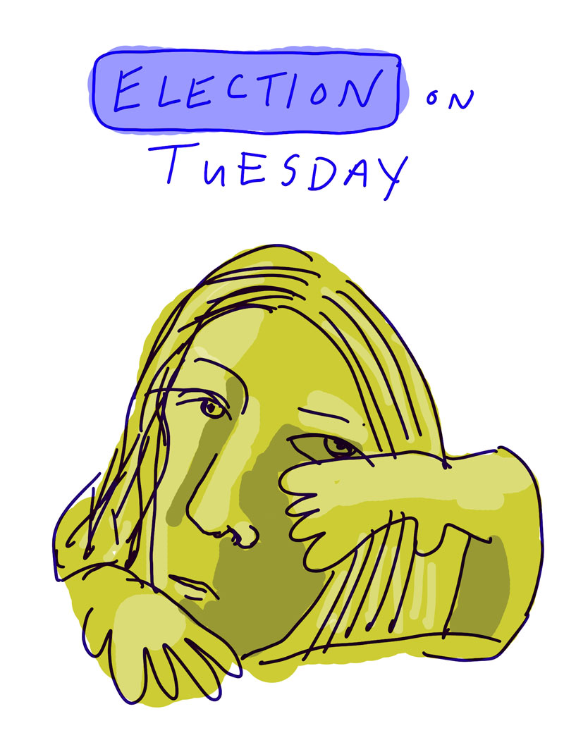 "Election on Tuesday" sketch of gold woman shielding her face with one hand