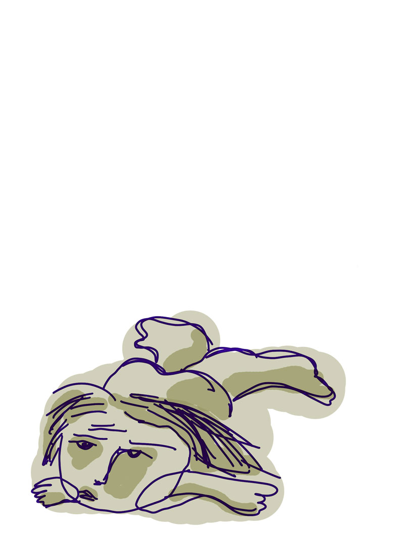 Sketch of slumped person on the floor, with green and cream-colored splotched skin and short straight hair