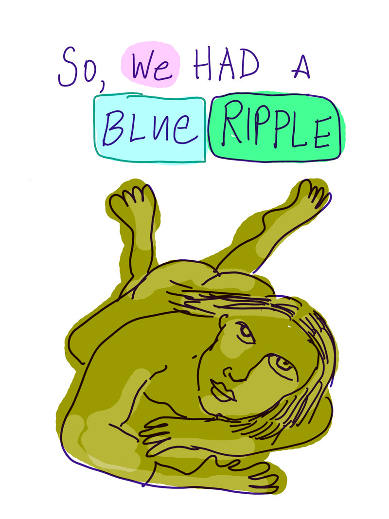 "So We Had A Blue Ripple," sketch of green woman laying nude on her stomach on the floor with her feet up behind her