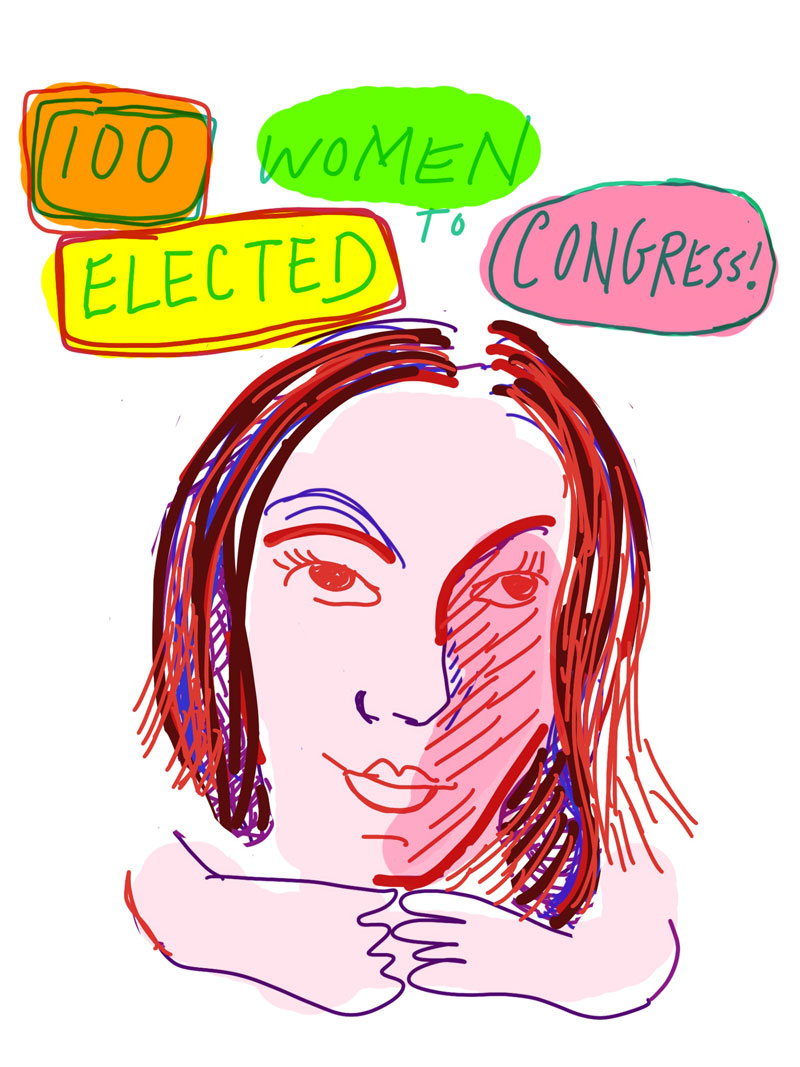 "100 women elected to congress!" sketch of pink woman with red and blue accents around her facial features