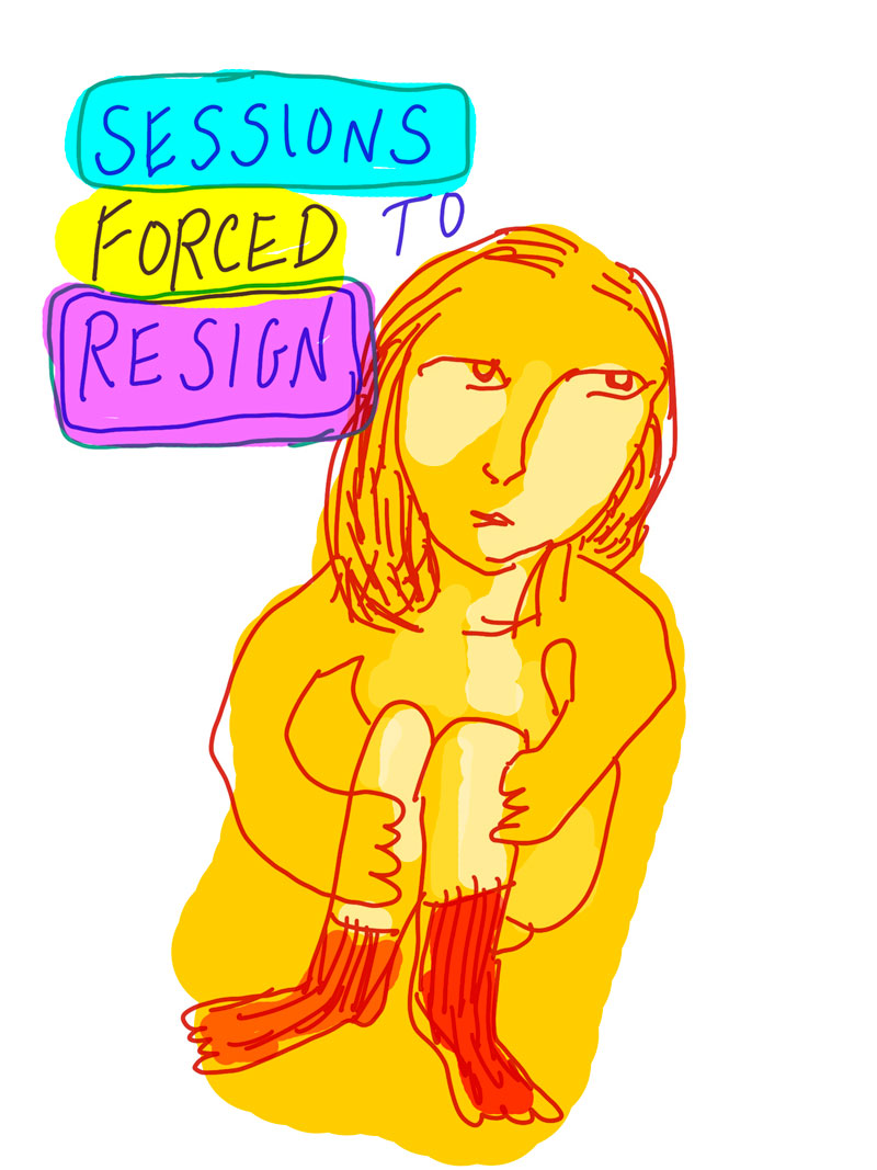 "Sessions forced to resign" sketch of yellow woman with red outlining sitting on the ground holding her knees to her chest