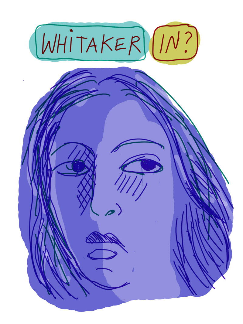 "Whitaker In?" sketch of blue woman looking to the side