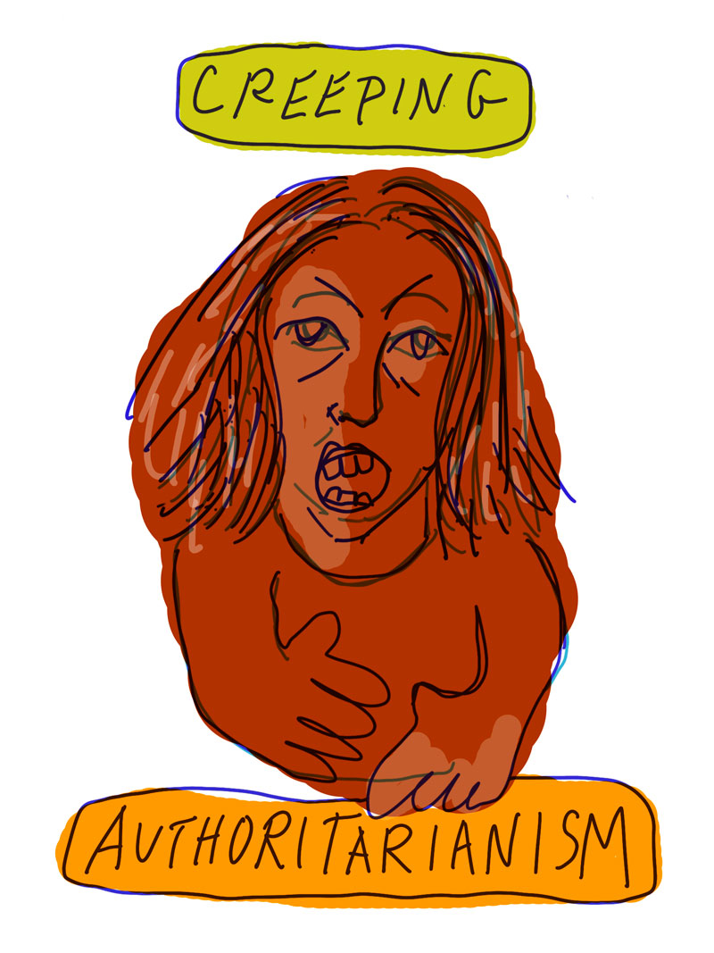 "Creeping Authoritarianism" sketch of red woman shouting