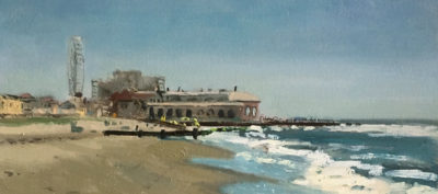 Painting by Giovanni Casadei. The Music Pier and the Ferris Wheel. Oil on panel, 10.5 x 13"