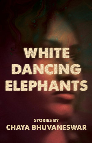 White Dancing Elephants cover art. A dark close-up of a woman's face behind white text