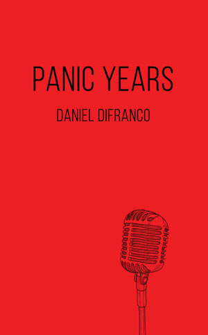 Panic Years book jacket. A sketch of an old-style microphone against a red background