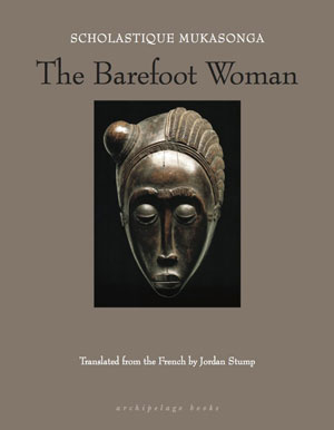 The Barefoot Woman book jacket. A bronze mask of a human face