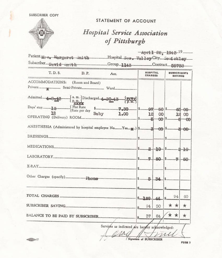 Old hospital statement of account from the Hospital Service Association of Pittsburgh