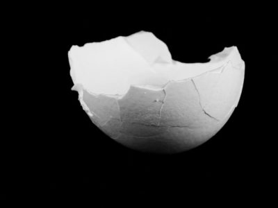 Black and white image of a broken eggshell