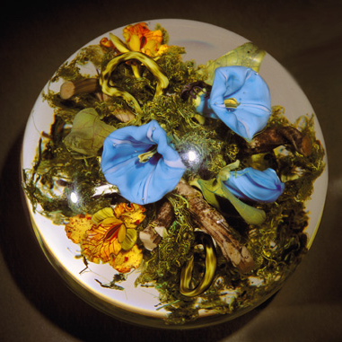 Clear glass sphere with wilted grass, daffodils, and blue flowers inside it