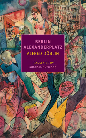 BERLIN-ALEXANDERPLATZ jacket cover. Abstract colorful human shapes, some in front of buildings