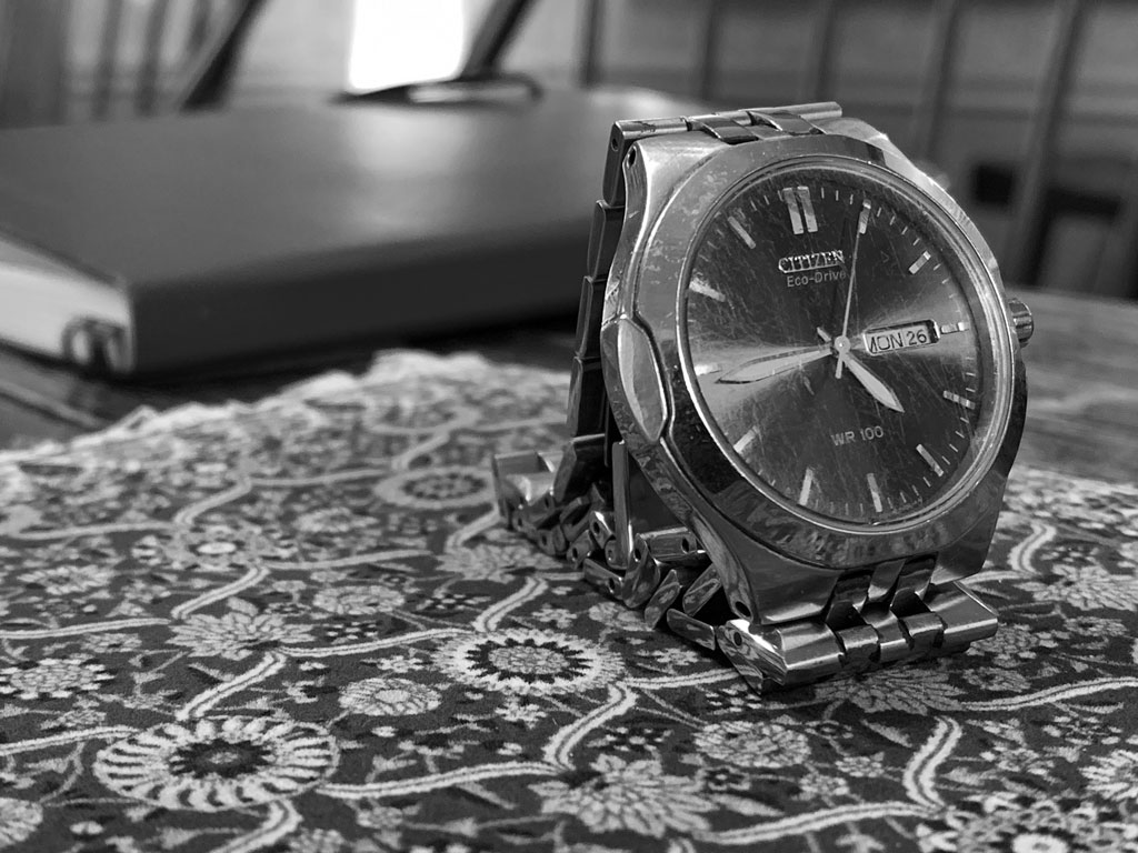 Black-and-white Citizen watch on patterned rug