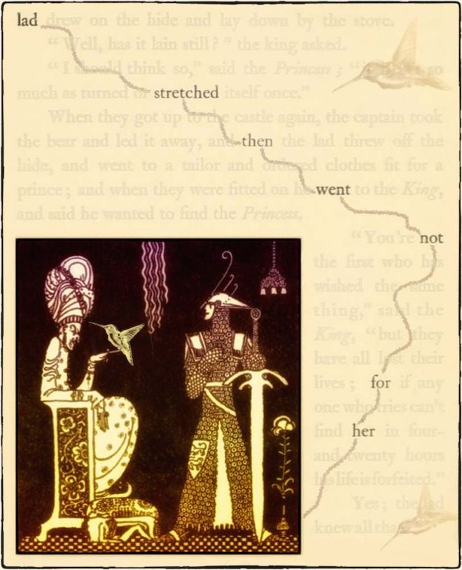 Found poetry on a yellowed page, which reads: lad stretched then went not for her. Next to the words is an image of a royal figure holding a bird, next to a warrior holding a sword.