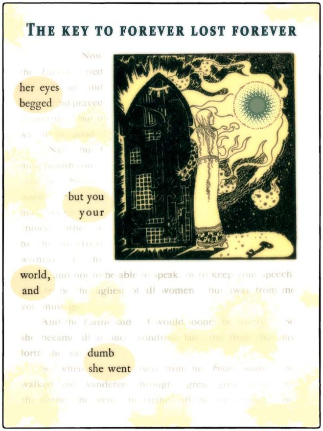 Found poetry on a stained book page. Title: THE KEY TO FOREVER LOST FOREVER. Text: her eyes begged but you your world, and dumb she went. Image of feminine figure looking into sun next to tall object with closed eye on it. 