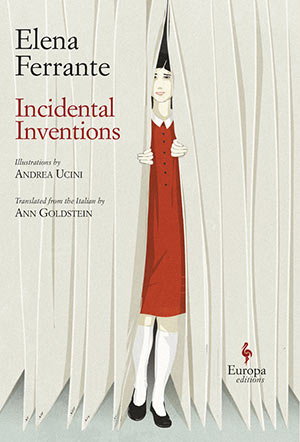 Incidental Inventions book jacket. A woman in a red dress peaks out for behind a white curtain