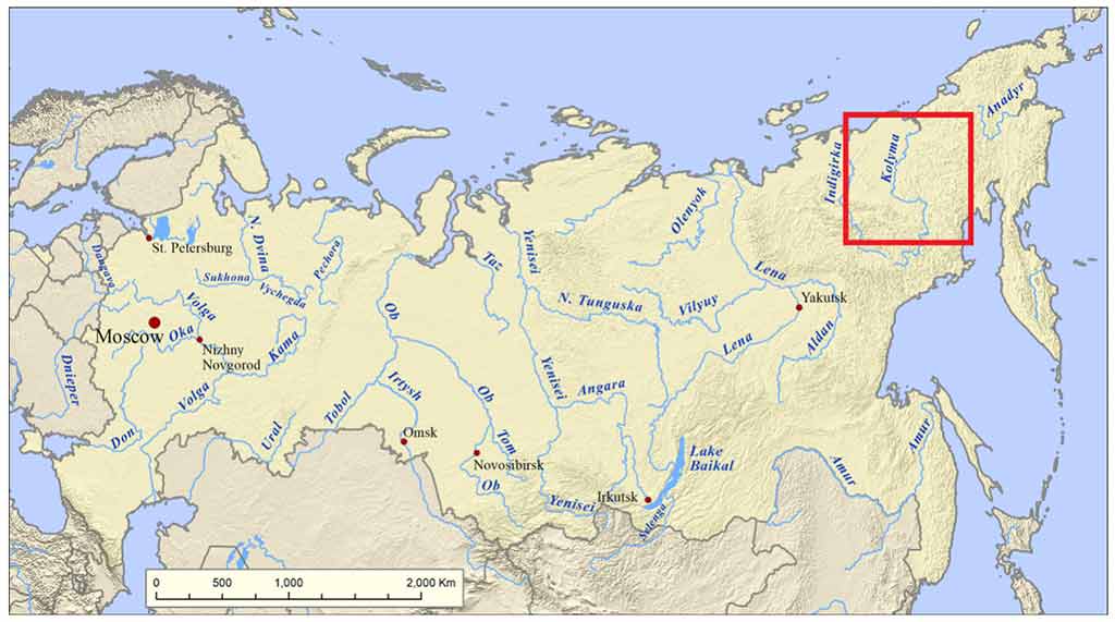 Map of Russia with the Kolyma Region shown in red. Modified from Wikimedia Commons.