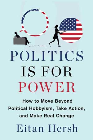 Book jacket for "Politics is for Power." Male and female figures with speech bubbles outlined in the American flag. Motif in colors are red, white, blue, black.