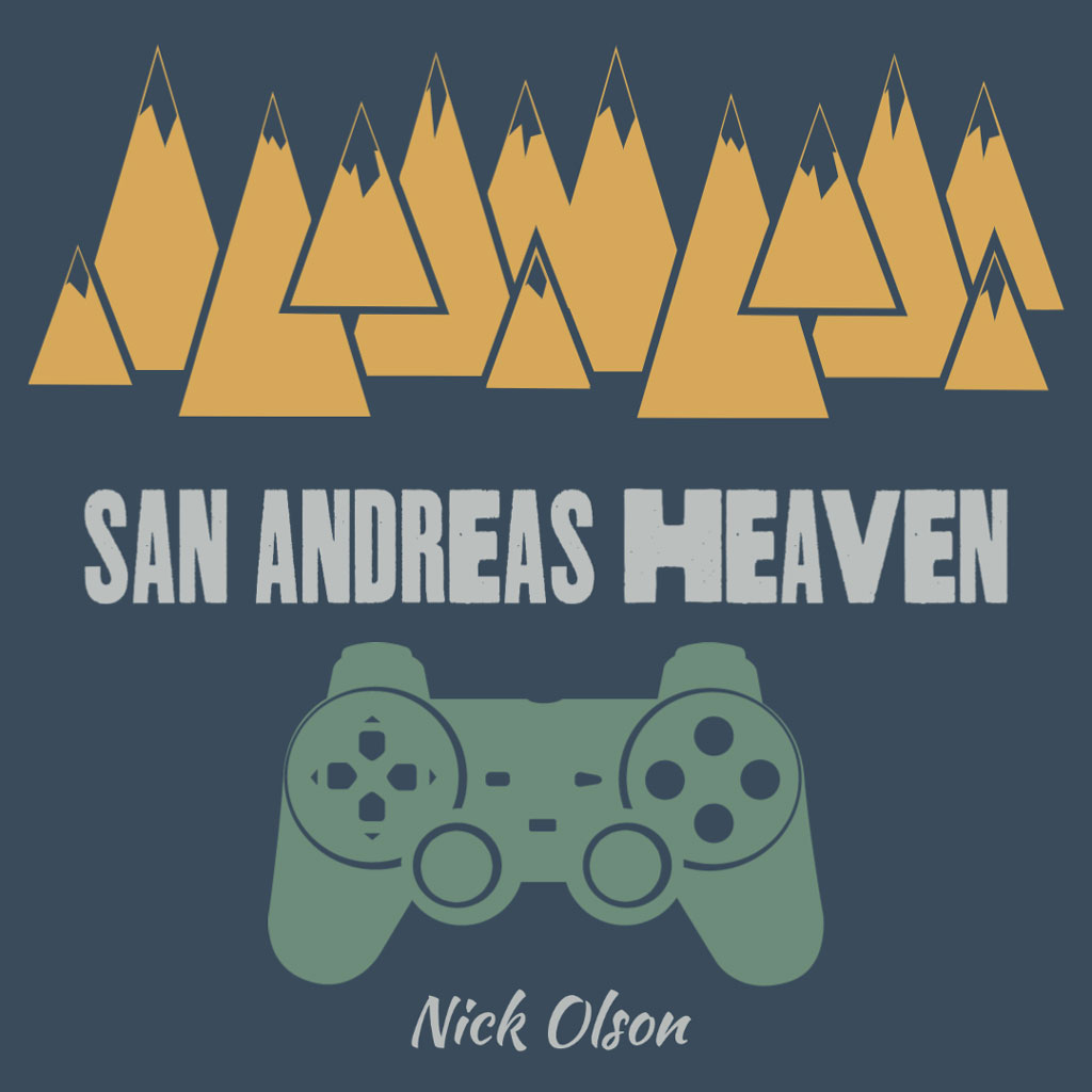 Graphic design image of mountain range, green PS2 controller, title, and author name