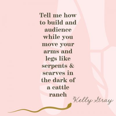 TELL ME HOW TO BUILD AN AUDIENCE WHILE YOU MOVE YOUR ARMS AND LEGS LIKE SERPENTS & SCARVES IN THE DARK OF A CATTLE RANCH  by Kelly Gray