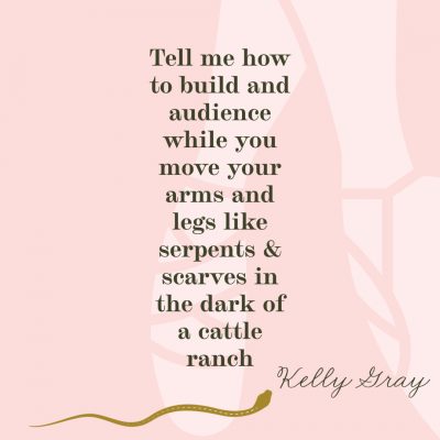 TELL ME HOW TO BUILD AN AUDIENCE WHILE YOU MOVE YOUR ARMS AND LEGS LIKE SERPENTS & SCARVES IN THE DARK OF A CATTLE RANCH by Kelly Gray